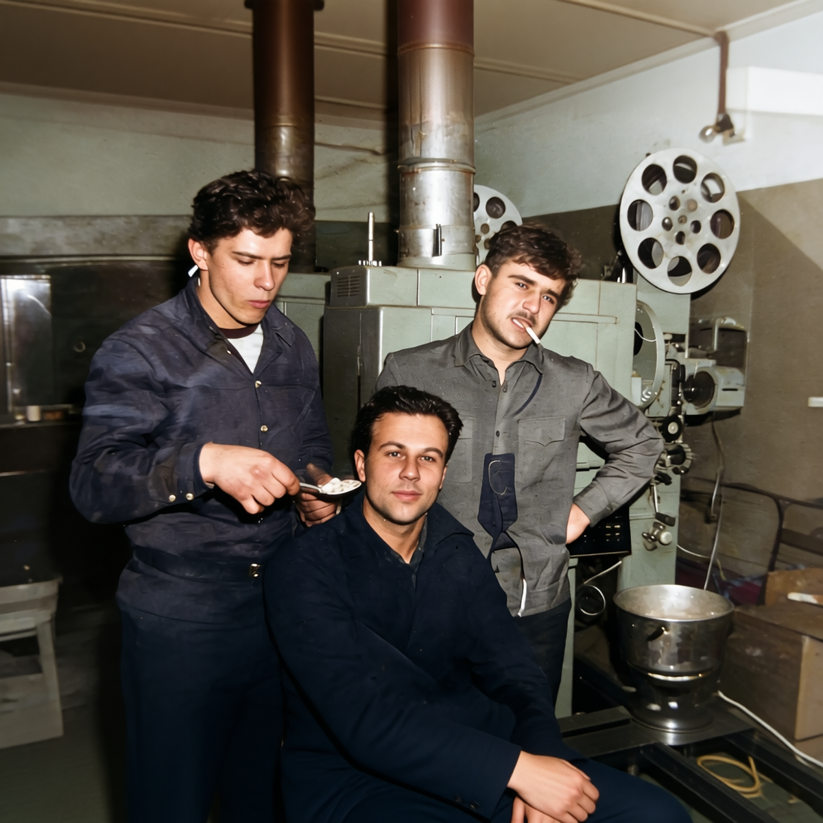 Фото автора. Изображение улучшено с помощью нейросети. Жарим картошку с киномехаником