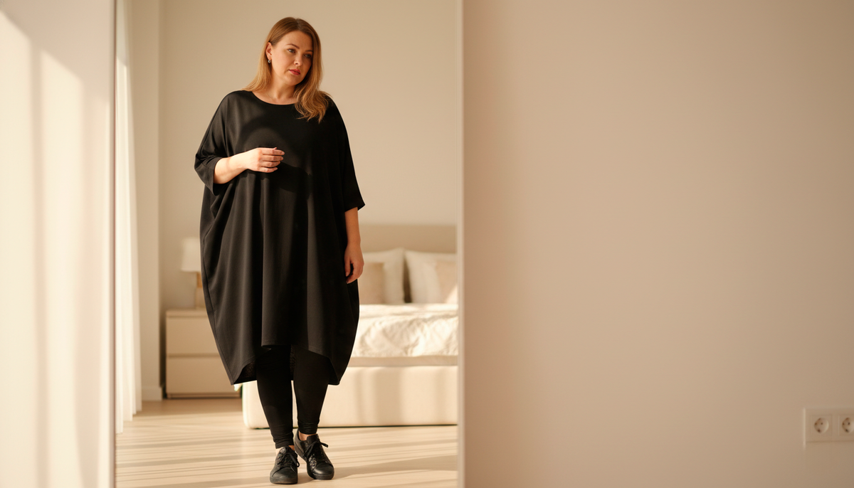 Когда ткань висит мешком, она не прячет объёмы, а только добавляет новые.