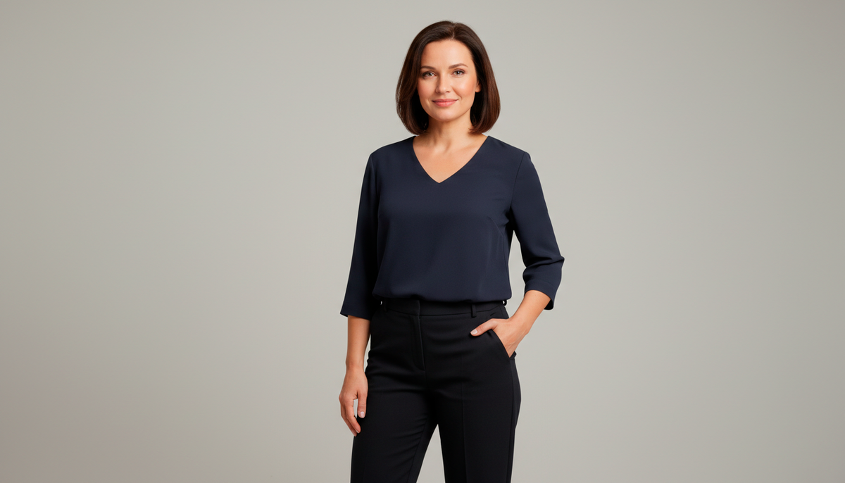 V-вырез и рукав три четверти - две детали, которые моментально собирают образ и делают его легче.