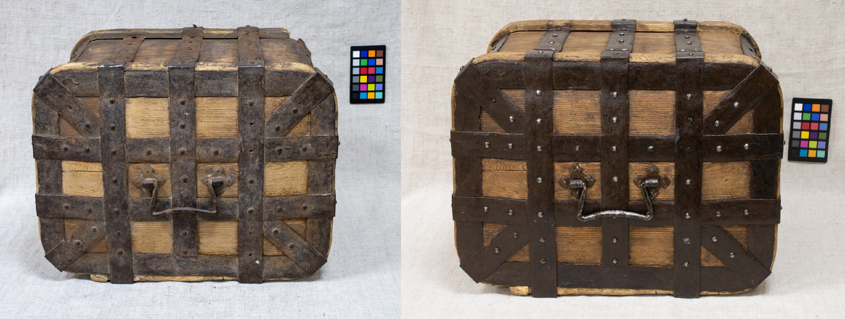 Короб, лубяной окованный железом (АМДЗ КП-8656 Д-3546). XVIII в. Луб, дерево, железо, кустарное производство. 30 х 42 х 32.