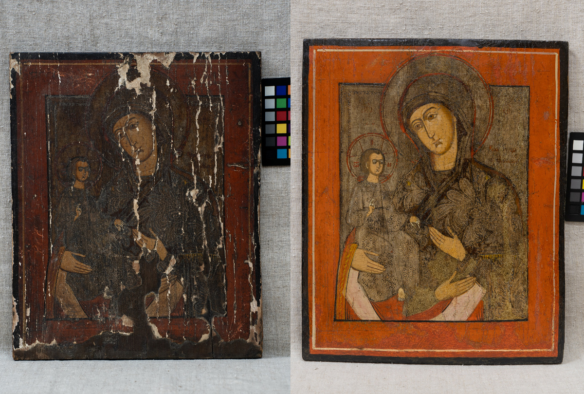 Икона «Богоматерь Троеручица» (АМДЗ КП-18745 ДРЖ-668). Конец XIX века. Дерево, паволока, левкас, темпера яичная, тиснение по левкасу, серебрение. 37,8 х 31 х 2,3.