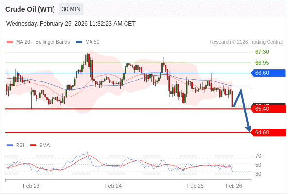 Нефть (WTI) (J6) в течение дня: Под давлением.  Наша точка разворота находится на уровне 66,60. Наше предпочтение:Продавать ниже 66,60 с целевыми точками 65,40 и 64,60. Альтернативный сценарий:Прорыв вверх уровня 66,60 откроет путь к 66,95 и 67,30. Анализ:Прорыв вниз 65,40 повлечёт дальнейшее понижение до 64,60. 