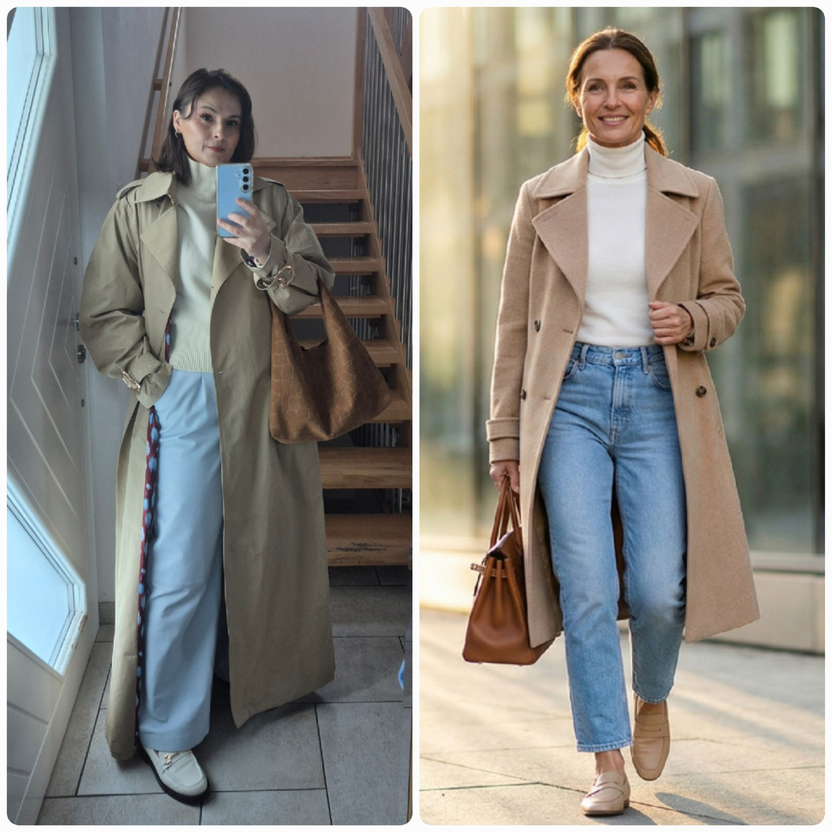 Образ #1. Тренч + джинсы прямые + водолазка белая + лоферы + сумка