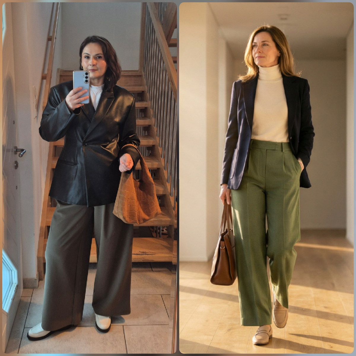 Образ #2. Блейзер + брюки мохово-зелёные + водолазка молочная + лоферы