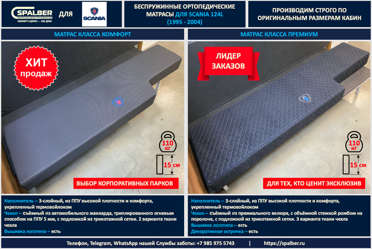 Линейка беспружинных ортопедических матрасов СПАЛБЕР Эконом, Комфорт, Премиум для SCANIA 124L (1995 - 2004). Фото СПАЛБЕР.