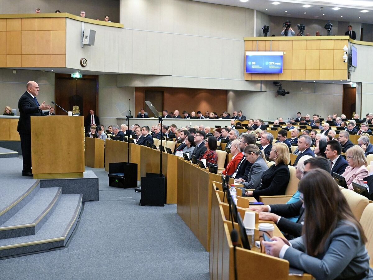    Председатель правительства РФ Михаил Мишустин выступает с ежегодным отчетом правительства РФ в Государственной Думе РФ | © РИА Новости / Александр Миридонов