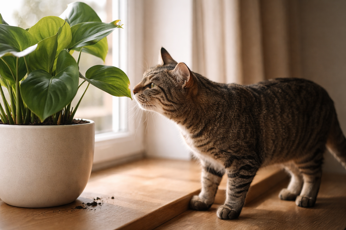 Кошка тянется к листу на подоконнике, и вы ловите момент до укуса.