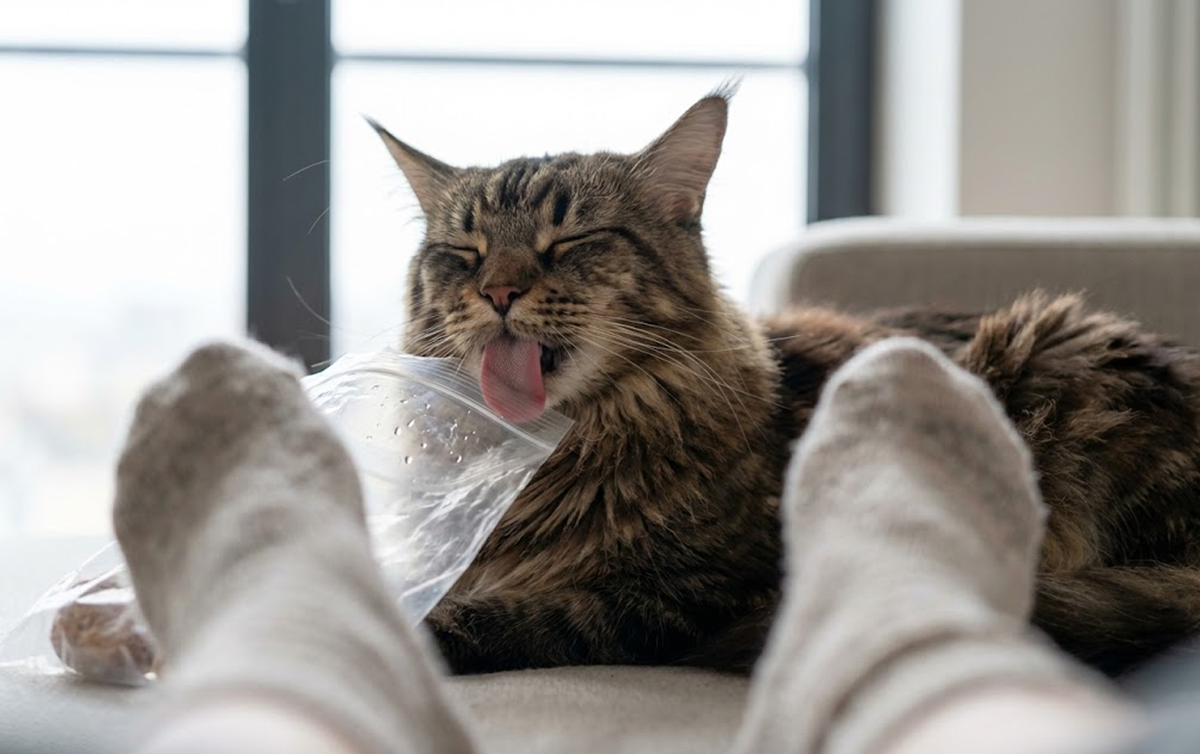 🌙 Шуршание в 3 ночи: Почему коты лижут пакеты и когда пора бить тревогу / Изображение: AlphaPet