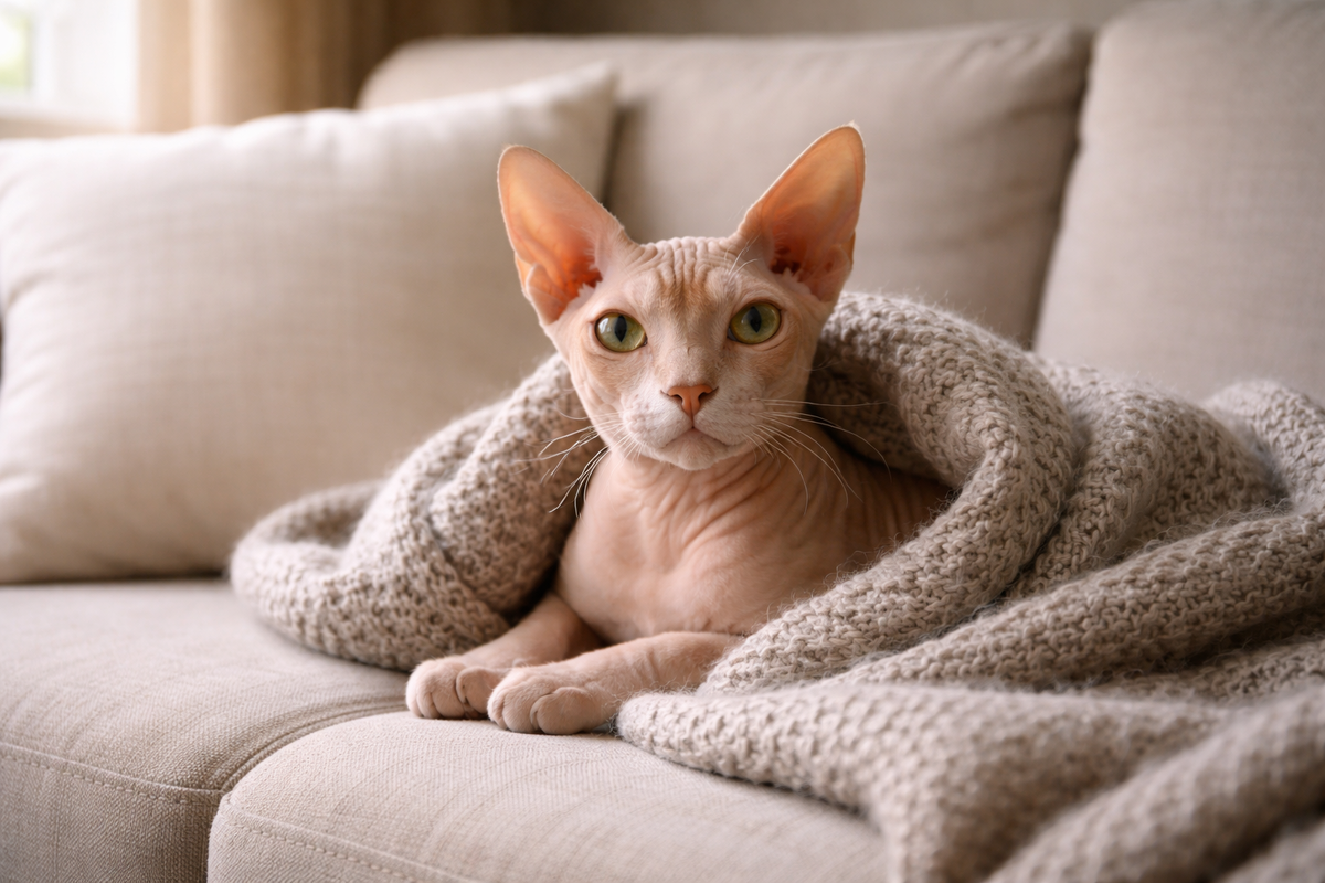 Сфинкс на пледе, чистая кожа начинается с мягких привычек