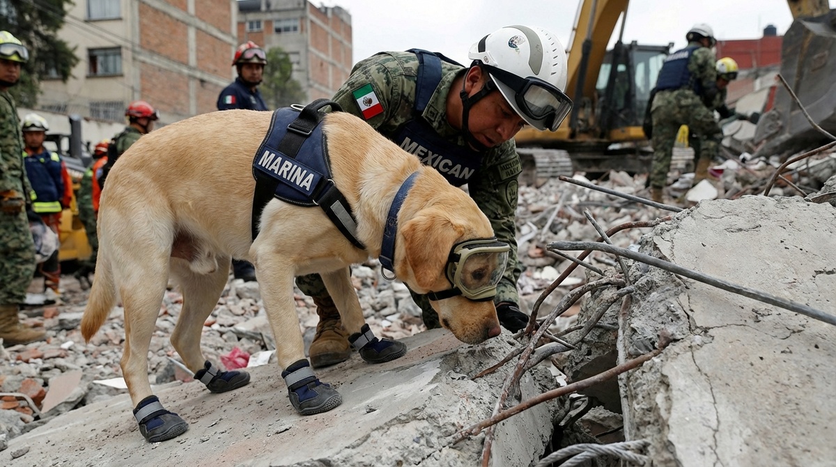 Лабрадор-ретривер работает на развалинах здания после землетрясения