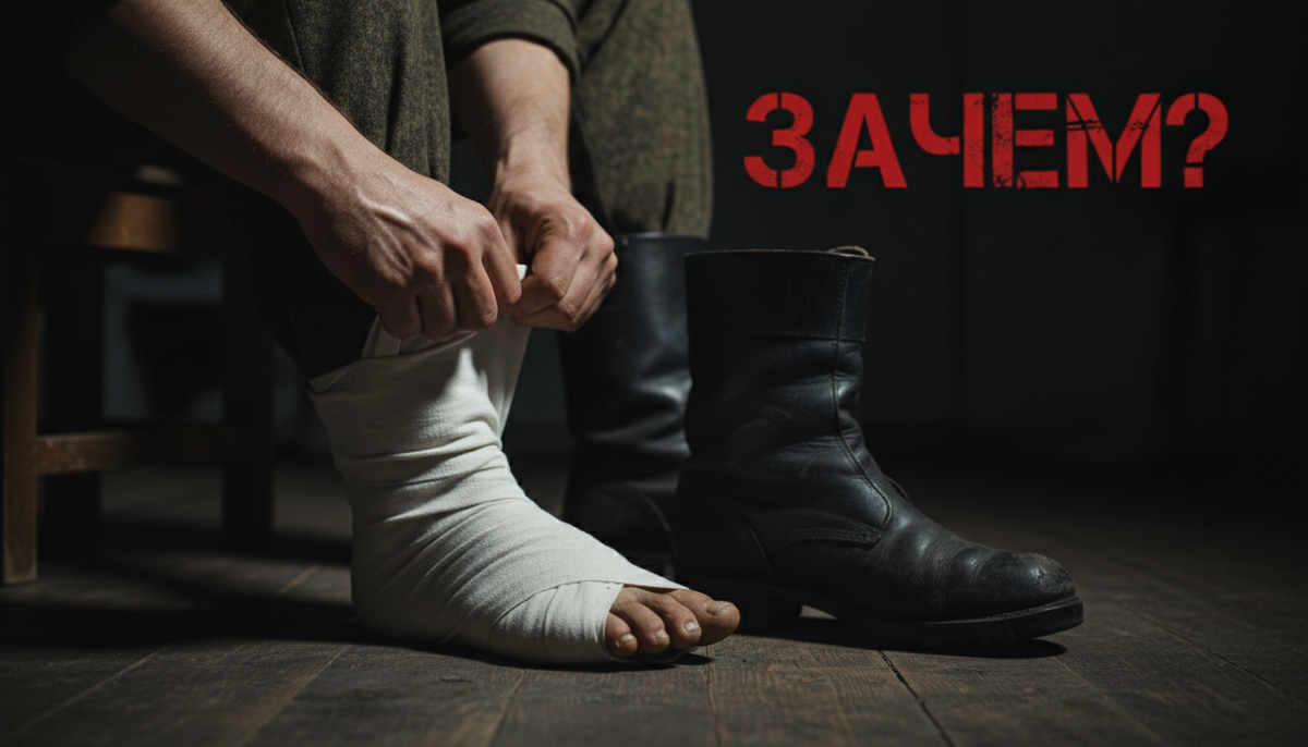 Советский солдат наматывает портянку перед тяжелым кирзовым сапогом