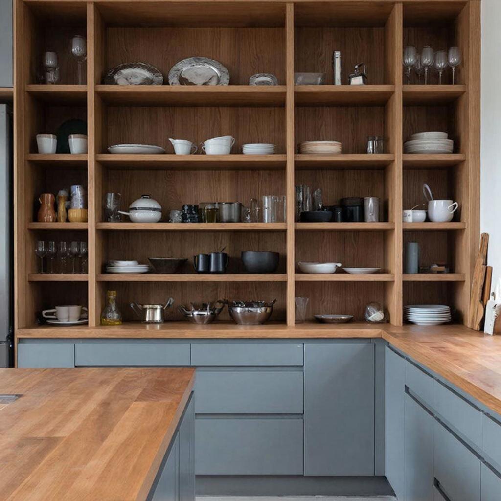 Кухня без верхних шкафов с открытыми полками и высокими пеналами.