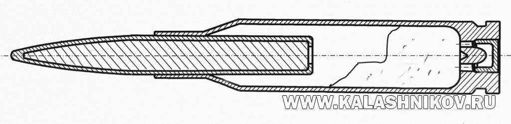 Схематическое изображение антидронового 5,45-мм автоматного патрона с пулей, цент тяжести которой смещён в хвостовую часть