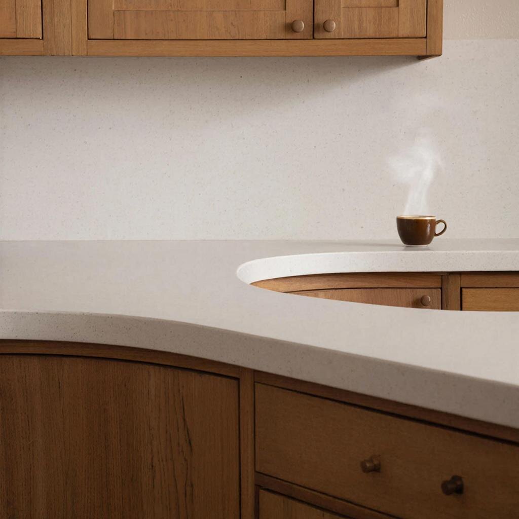 Белая бесшовная столешница из искусственного камня, переходящая в фартук.