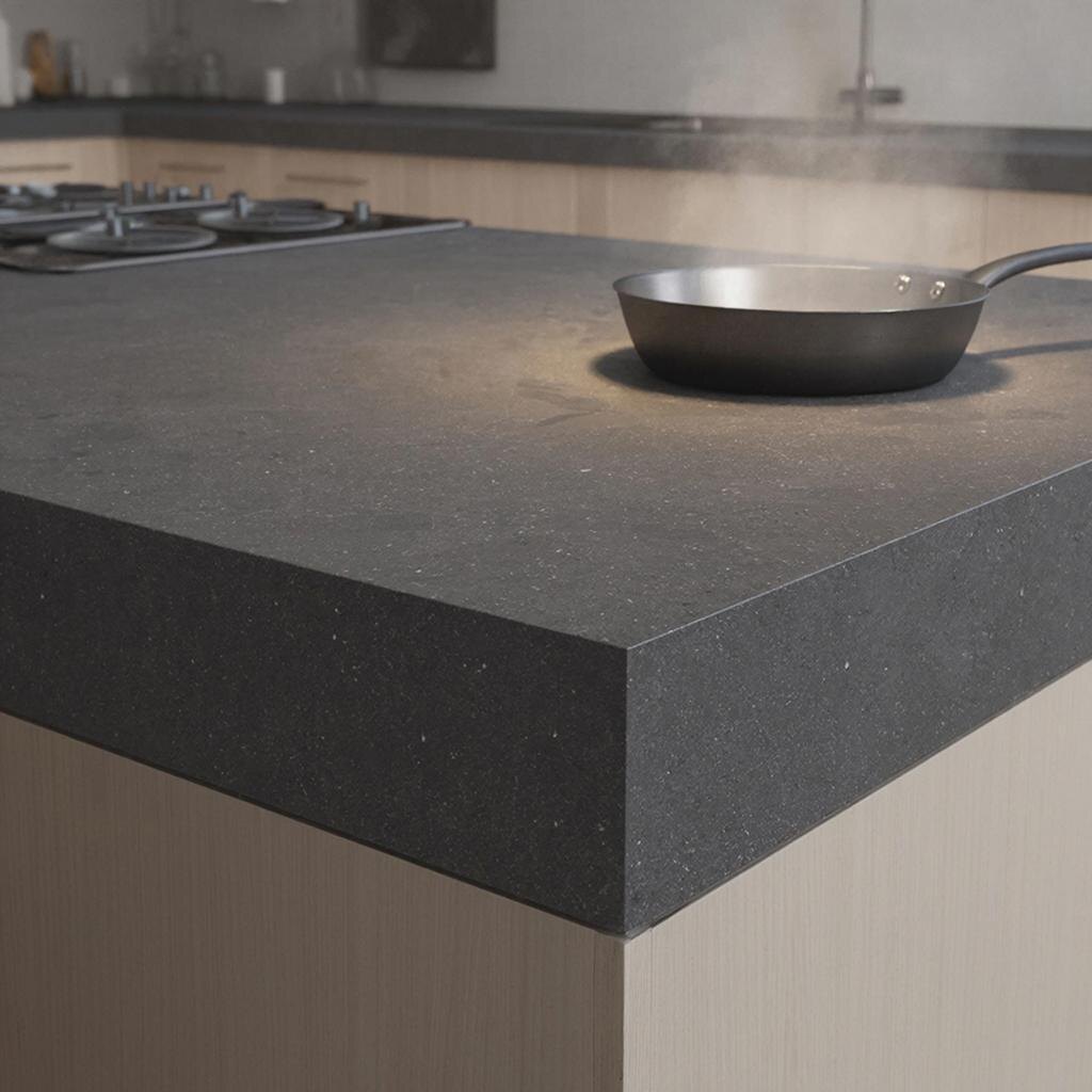 Тёмно-серая кварцевая столешница с заметным стыком, на ней стоит горячая сковородка.