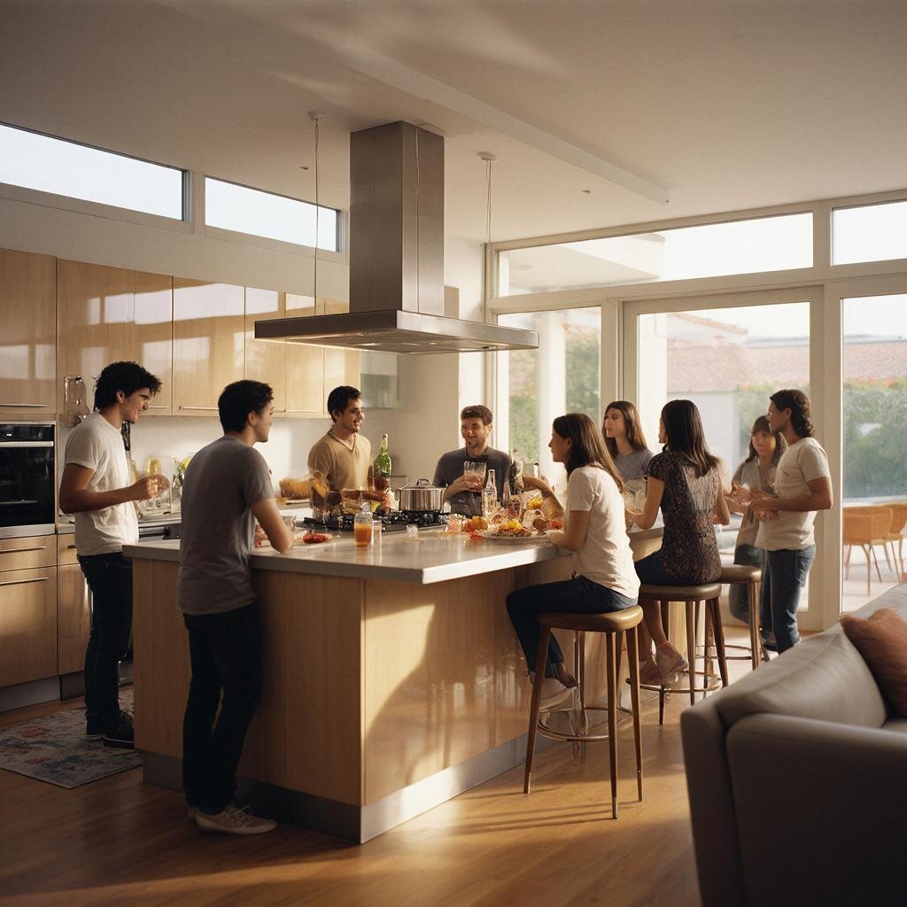 Кухня-гостиная с островом-барной стойкой, где общаются готовящий и сидящие гости.