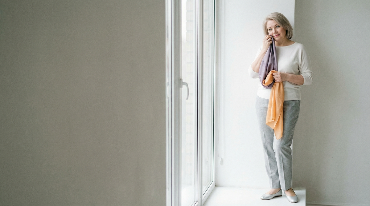 Прохладный лавандовый у лица даёт свежесть, тёплый абрикос - переносим в аксессуары и низ