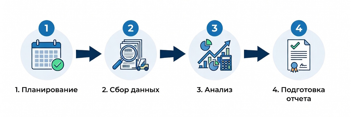 Схема основных этапов проведения аудита склада: планирование, сбор данных, анализ, подготовка отчета.