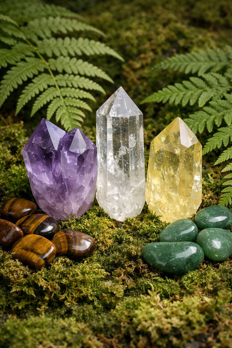 Аметист, горный хрусталь, цитрин, тигровый глаз и авантюрин. Сгенерировано AnnaGem в Sora