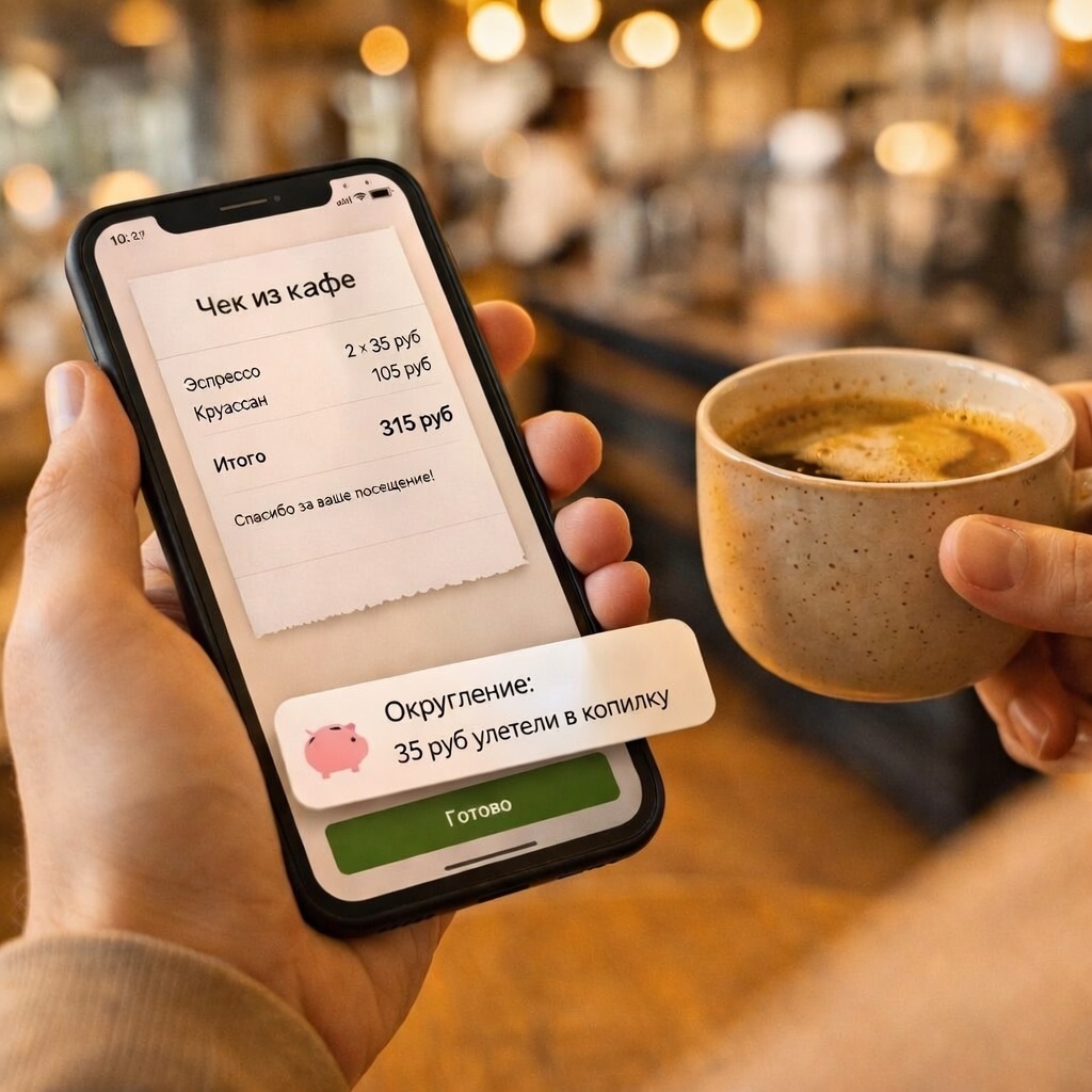 Кофе за 315 ₽. Еще 35 ₽ незаметно упали в копилку. Через год из таких "мелочей" вырастает авиабилет.