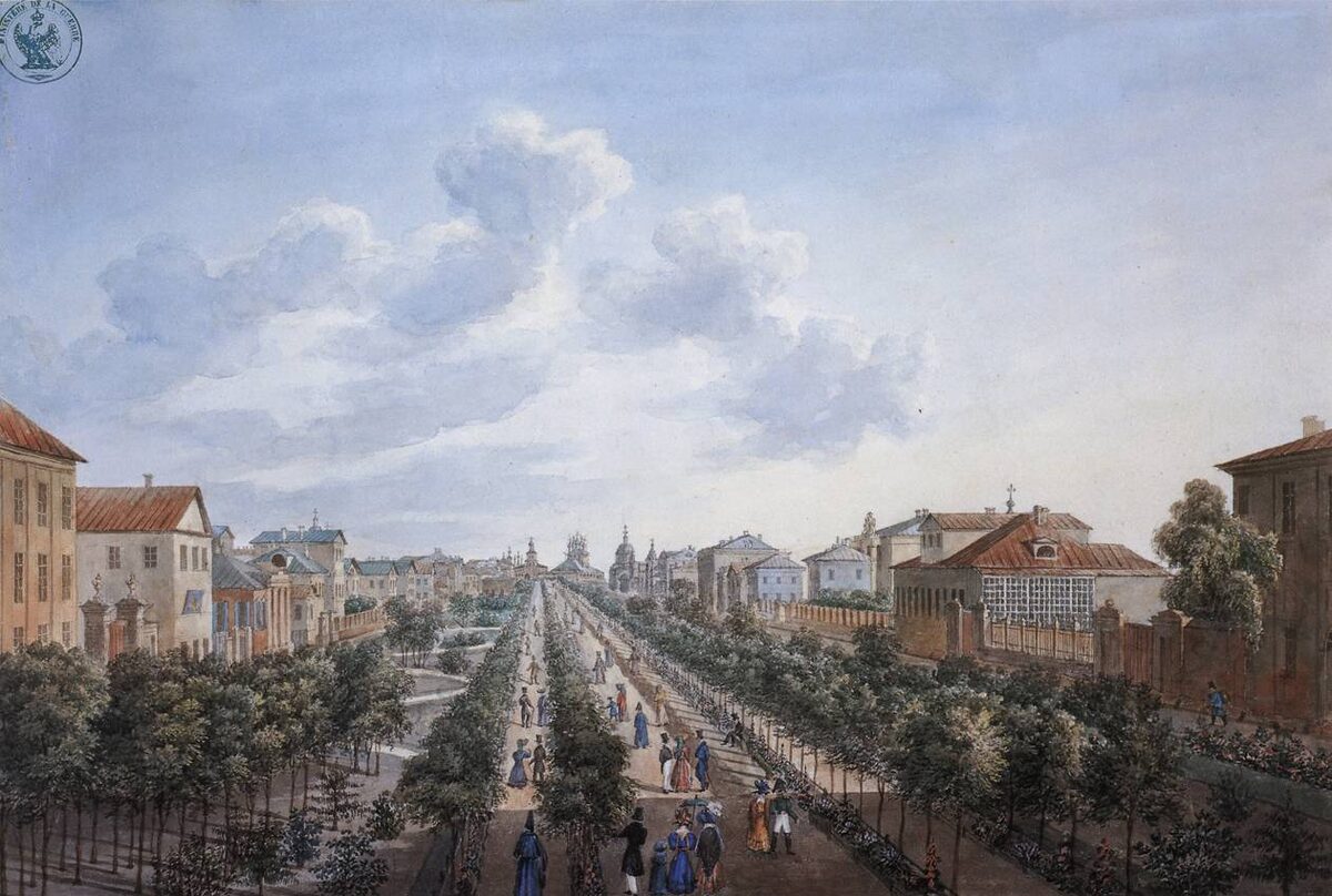 Тверской бульвар на акварели Огюста Кадоля, 1825-1827 гг.