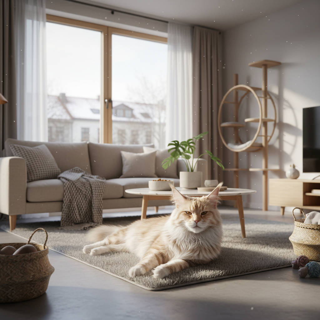 Роскошный мейн-кун комфортно чувствует себя в уютной городской квартире