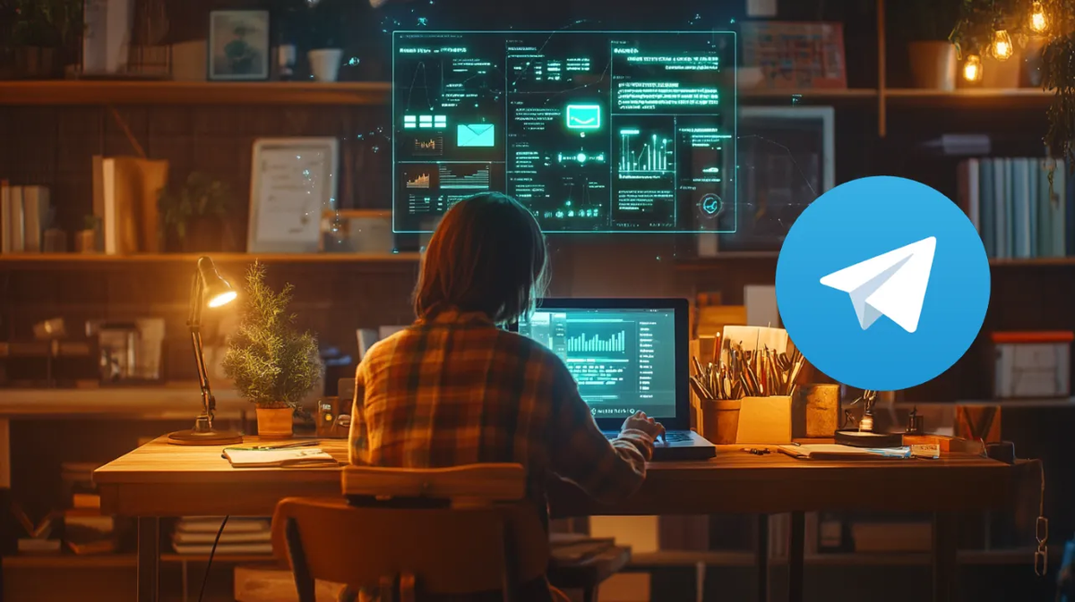 фрилансер за ноутбуком дома, на экране открыт Telegram с большим количеством чатов и уведомлений