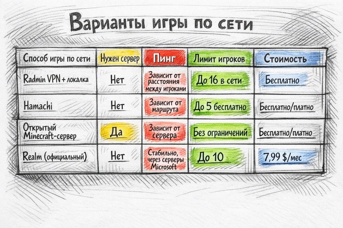 Способы игры по сети в Minecraft: нужен ли сервер, пинг, лимит игроков и стоимость (таблица)