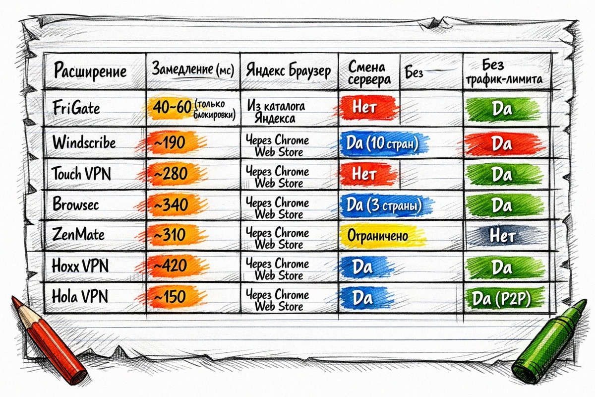 VPN-расширения: замедление (мс), поддержка Яндекс Браузера, смена сервера, отсутствие трафик-лимита (таблица)