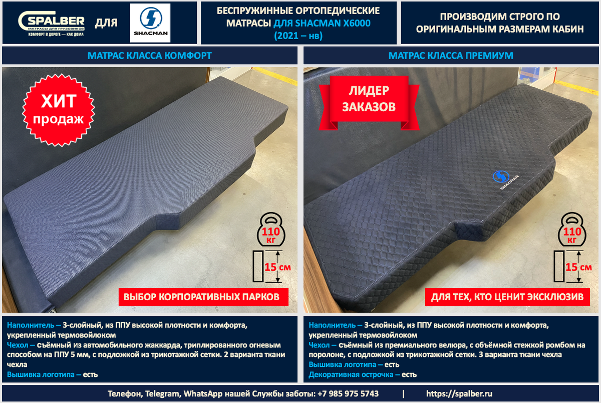 Линейка беспружинных ортопедических матрасов СПАЛБЕР Комфорт и Премиум для SHACMAN X6000 (2021 – нв). Фото СПАЛБЕР.