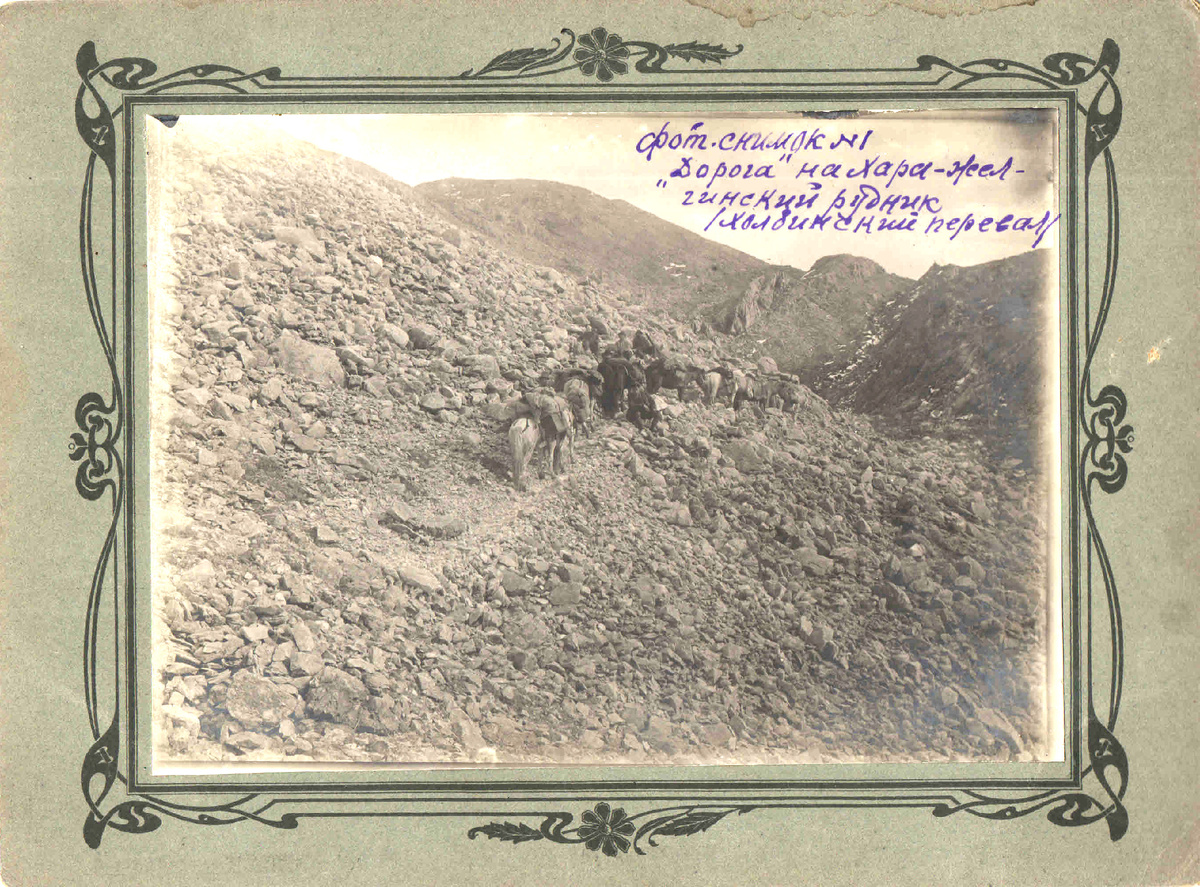 Фото 2. Конный караван движется через «Холбинский» перевал в истоках реки
Барун-Холба к Харажалгинскому нефритовому руднику.
Время съемки ориентировочно июнь-июль 1914 года