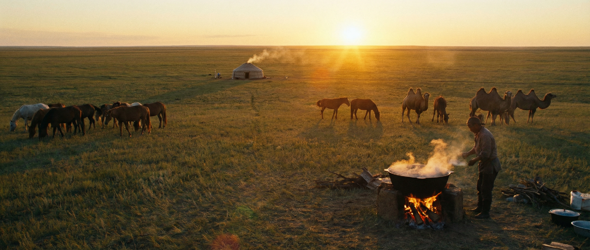Калмыцкая степь — место, где родилась эта кухня. Тысячи лет кочевой жизни сформировали особый подход к еде: только огонь, котёл и лучшие продукты