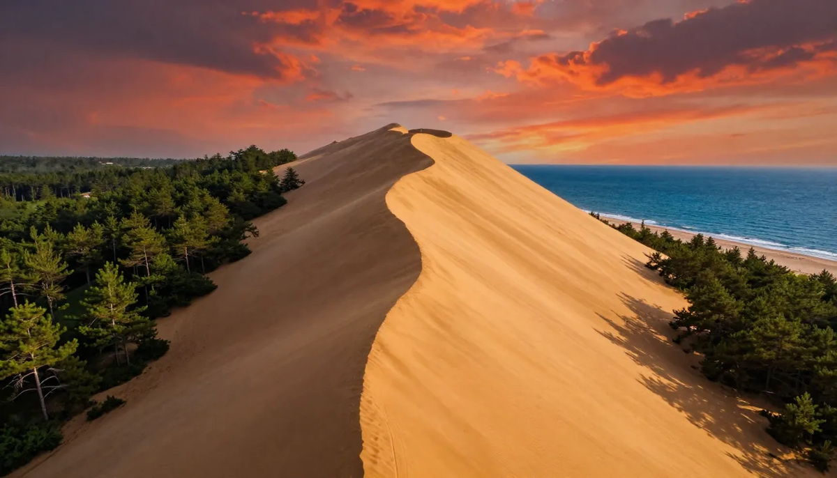 Огромная дюна над лесом и океаном на закате