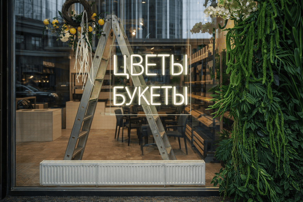 Неоновая надпись в витрине цветочного магазина с учётом требований 168-ФЗ
