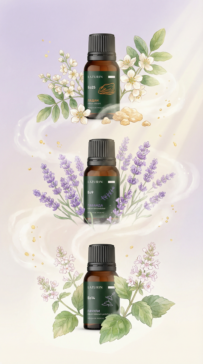 Натуральные масла ладана, лаванды и пачулей от LAZURIN.