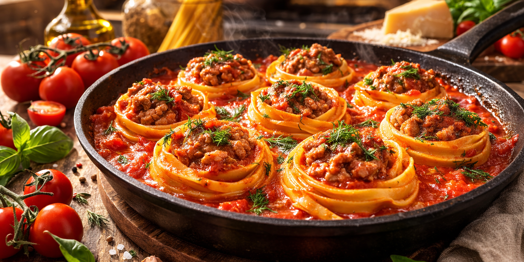 Паста-гнёзда с фаршем: эффектная подача без лишних движений