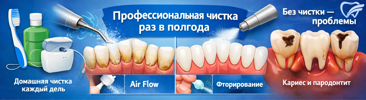 Профессиональная гигиена — это не просто «почистили получше», а комплексная процедура, которая удаляет зубной камень и пигментный налёт там, куда не добирается щётка. Регулярная чистка раз в полгода помогает предотвратить кариес, воспаление дёсен и сохранить естественную белизну зубов.
