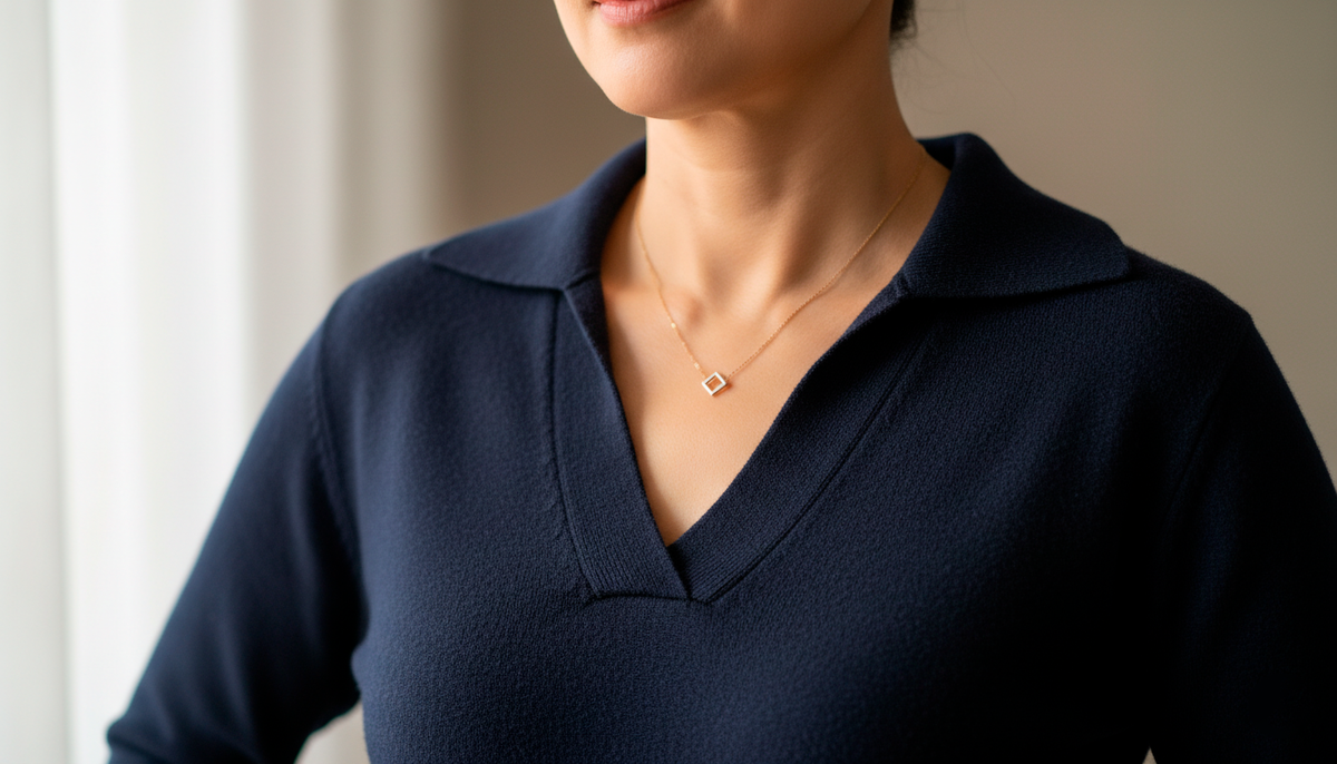 V-образный вырез работает как оптический фокус, вытягивая шею и облегчая линию плеч.