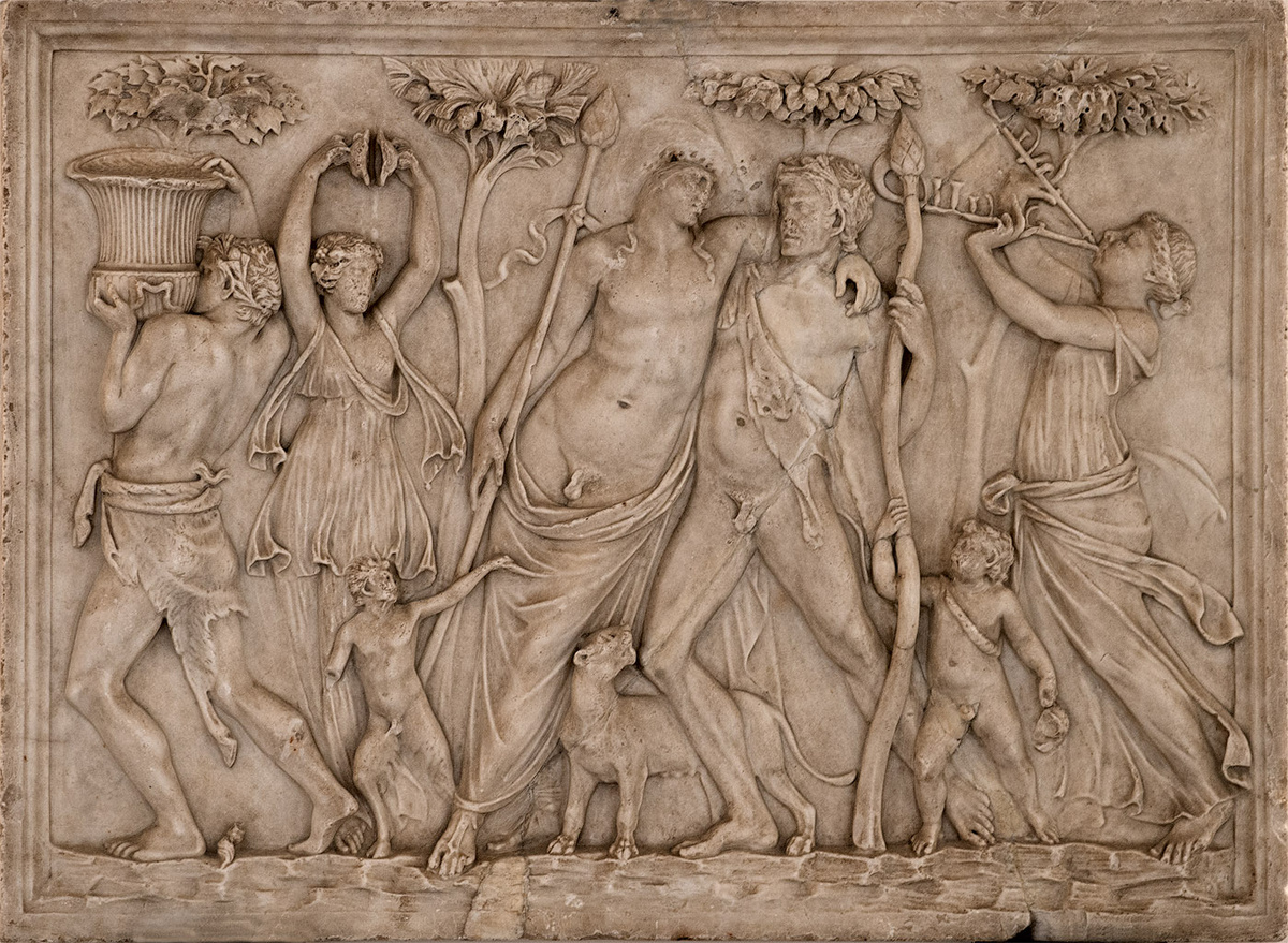 Мраморный рельеф «Дионис и Ампелос? с сатирами и менадами». 1-я половина II в. н. э. Неаполь, Национальный археологический музей.