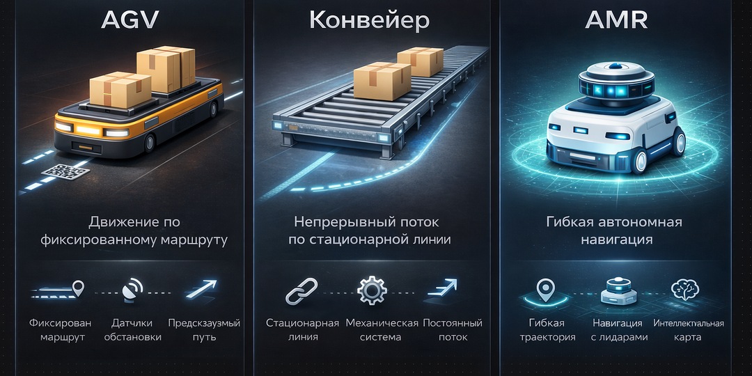 Роботы на производстве: AGV, AMR и конвейерные системы