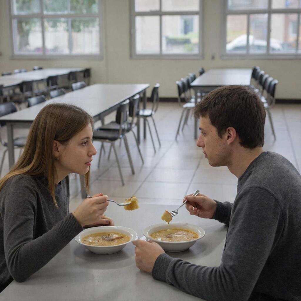 Иллюстрация. Герои рассказа в столовой