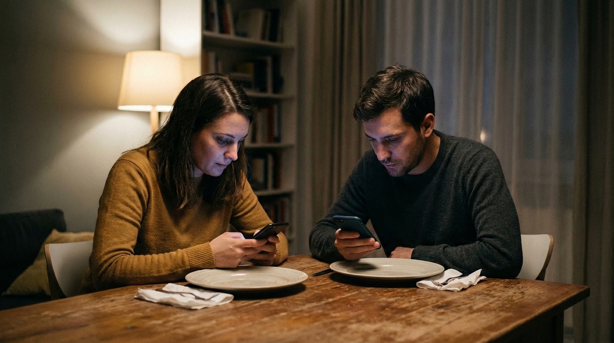 Мужчина и женщина за обеденным столом — каждый смотрит в свой телефон. Одиночество в браке: двое вместе, но каждый сам по себе.