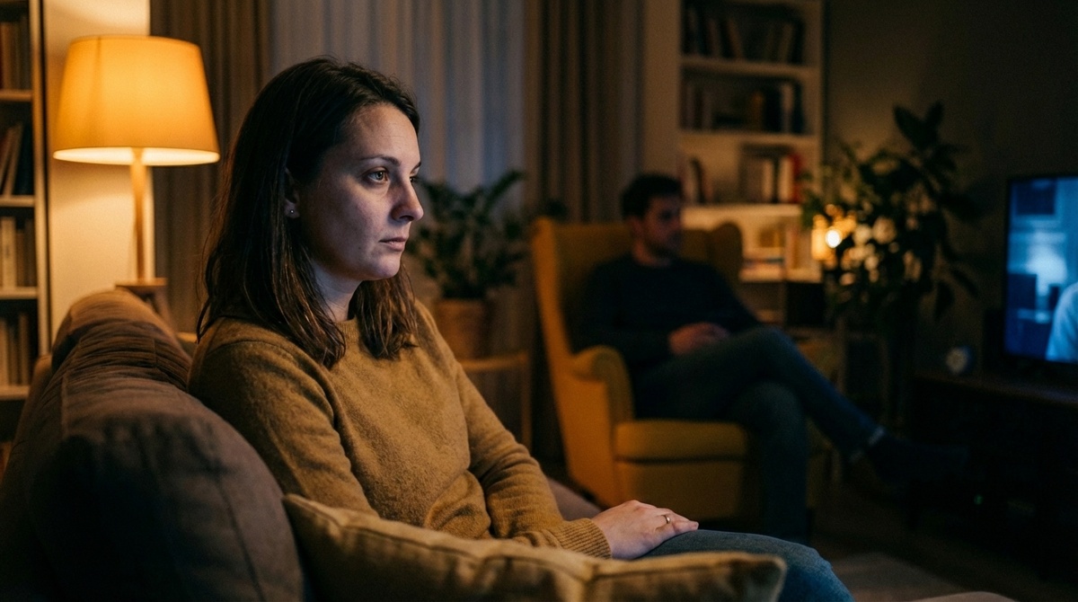 Женщина сидит одна на диване, пока партнёр смотрит телевизор в фоне. Ощущение эмоциональной дистанции в паре — находишься рядом, но чувствуешь себя одиноко.