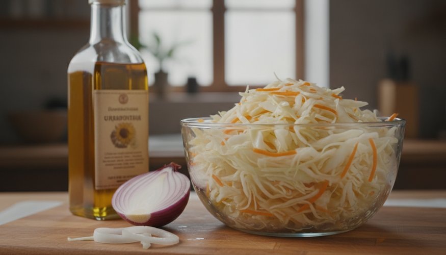 Тот самый салат “Витаминный”, как в советской столовой. Секрет хруста и сочности — в правильном маринаде.