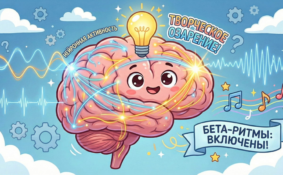 Визуализация нейронных связей и активности бета-ритмов мозга при решении креативной задачи