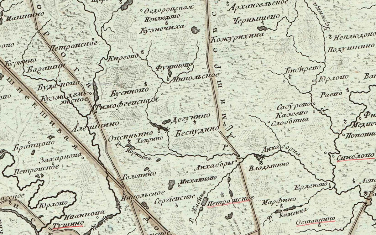 Фрагмент карты окрестностей Москвы, 1766 год. Рядом с Бусиново протекает та самая речка Бусинка (не подписана на карте). Источник: retromap.ru