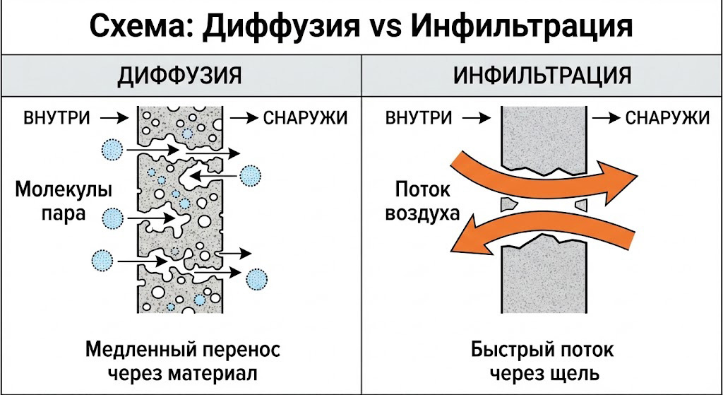 Пар проходит медленно через материалы. Воздух — быстро через дефекты