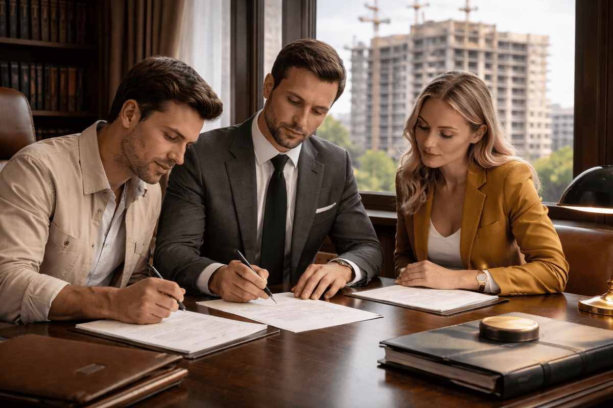 Юрист и клиенты подписывают договор цессии — переуступку прав на квартиру в новостройке, обсуждают условия сделки и риски для покупателя и продавца.