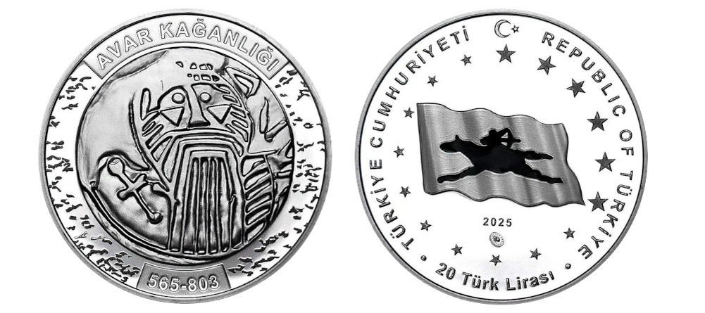    Реверс серебряной монеты 20 лир Турция Аварский каганат с изображением воина-авара, коня, железных стремян, серия Тюркские государства, качество Proof