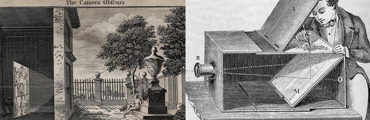 Первое тзображение-реконструкция первой камеры-обскуры, второе - это камера-обскура, которой пользовались художники. M-это зеркало, а N-прозрачное стекло. Можно смело сказать, что это прототип  конструкции будущего фотоаппарата. Мщображение взято с https://ru.wikipedia.org/